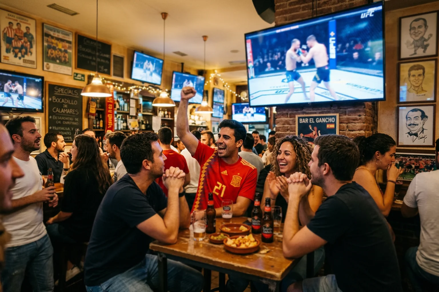 Aficionados españoles viendo un combate de UFC en un bar deportivo