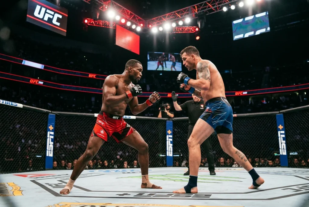 Dos luchadores de MMA en posición de guardia frente a frente dentro del octágono de UFC