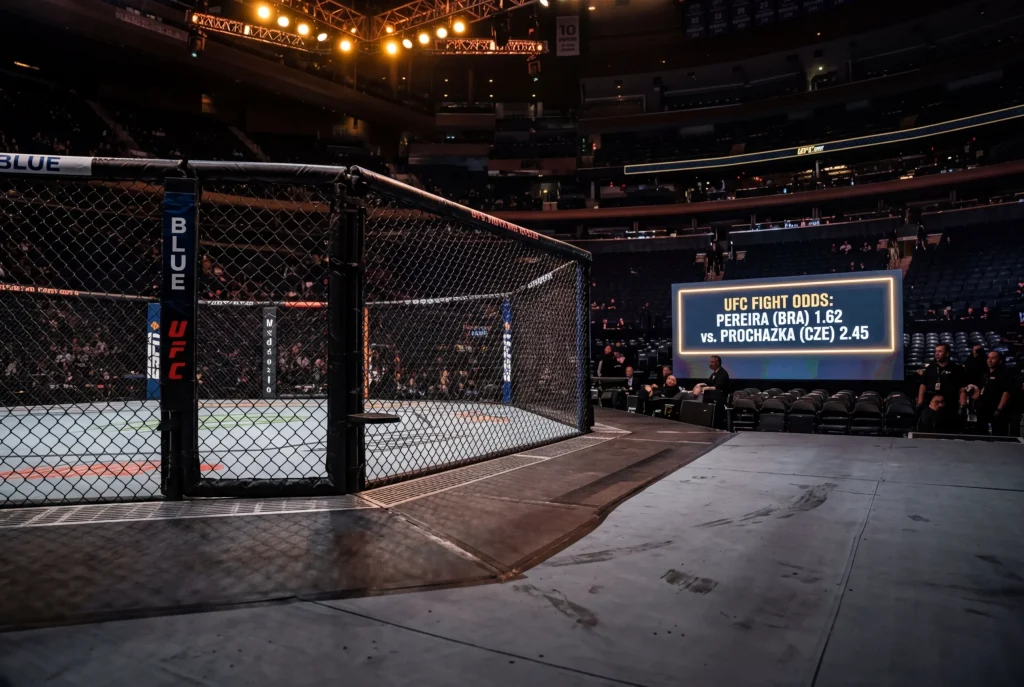 Octágono de UFC vacío con cuotas decimales de moneyline proyectadas en una pantalla lateral