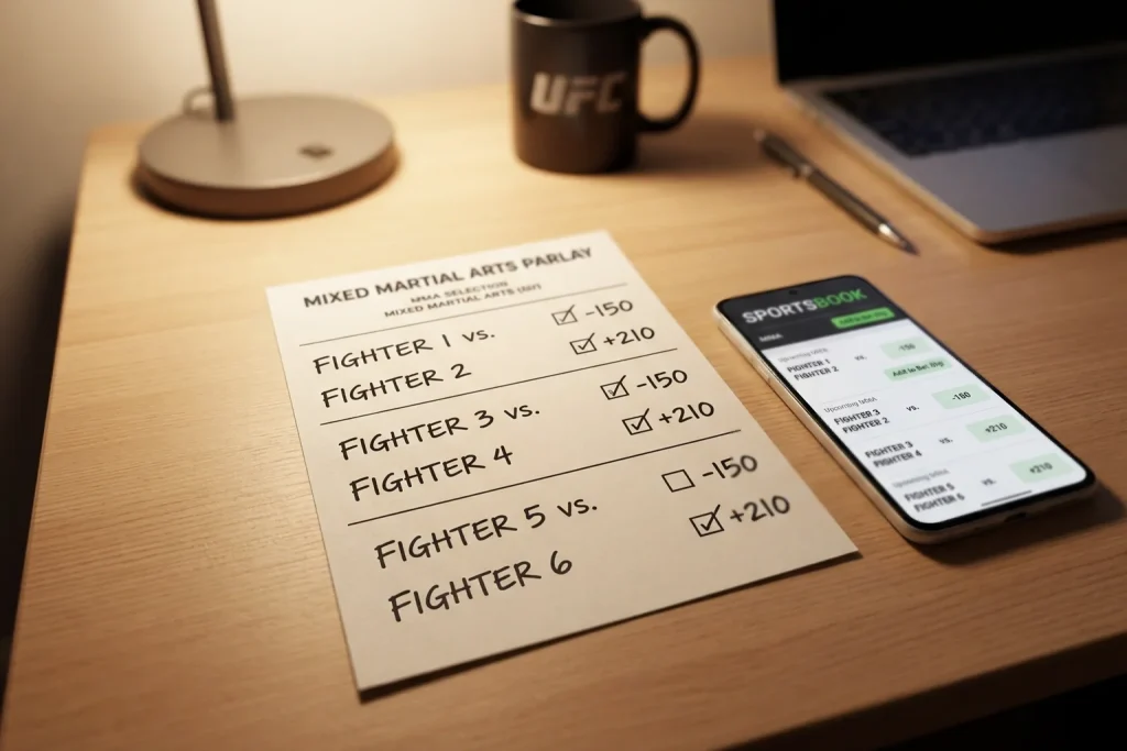 Boleto de apuestas con varias selecciones de peleas UFC sobre una mesa junto a un móvil