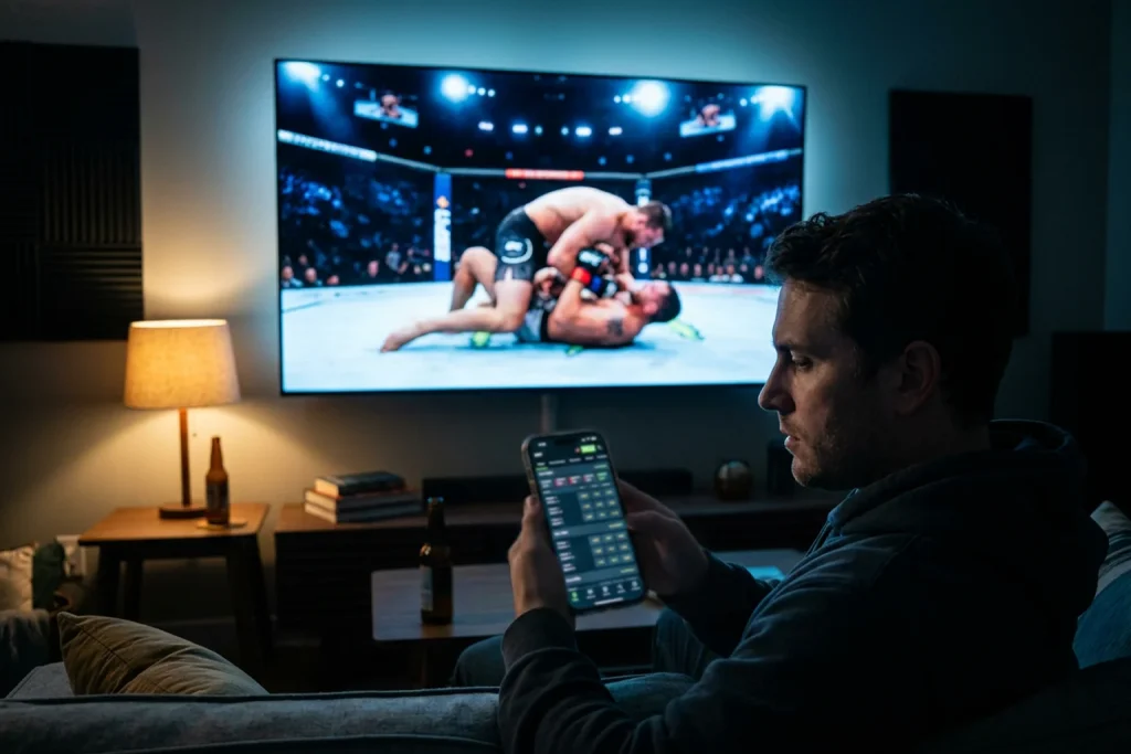 Apostador siguiendo en directo un combate de UFC para apuestas en vivo