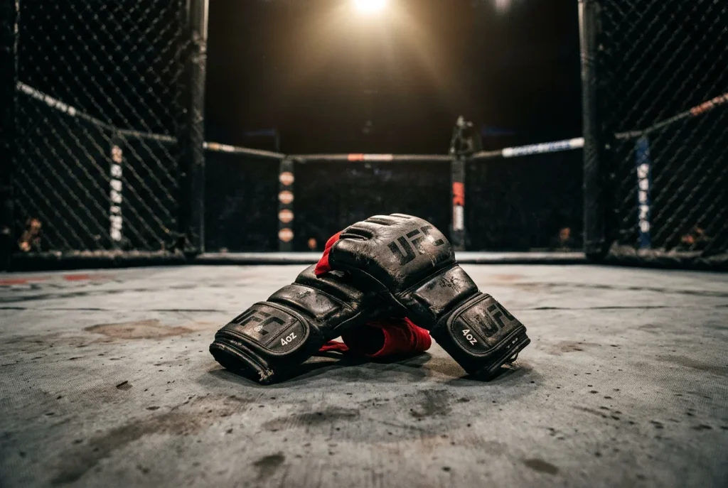 Guantes de MMA sobre la lona del octágono de UFC con luz cenital iluminando el centro