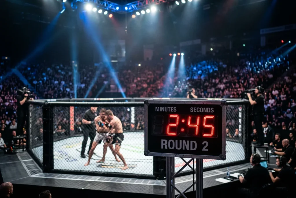 Reloj de cuenta atrás de asaltos junto al octágono de UFC durante un combate nocturno