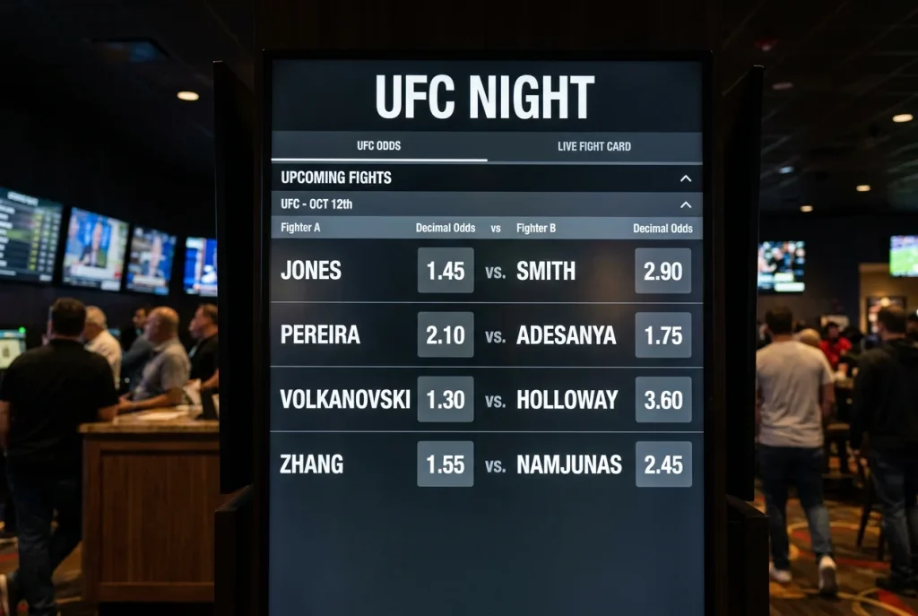 Pantalla de casa de apuestas mostrando cuotas decimales de una pelea de UFC