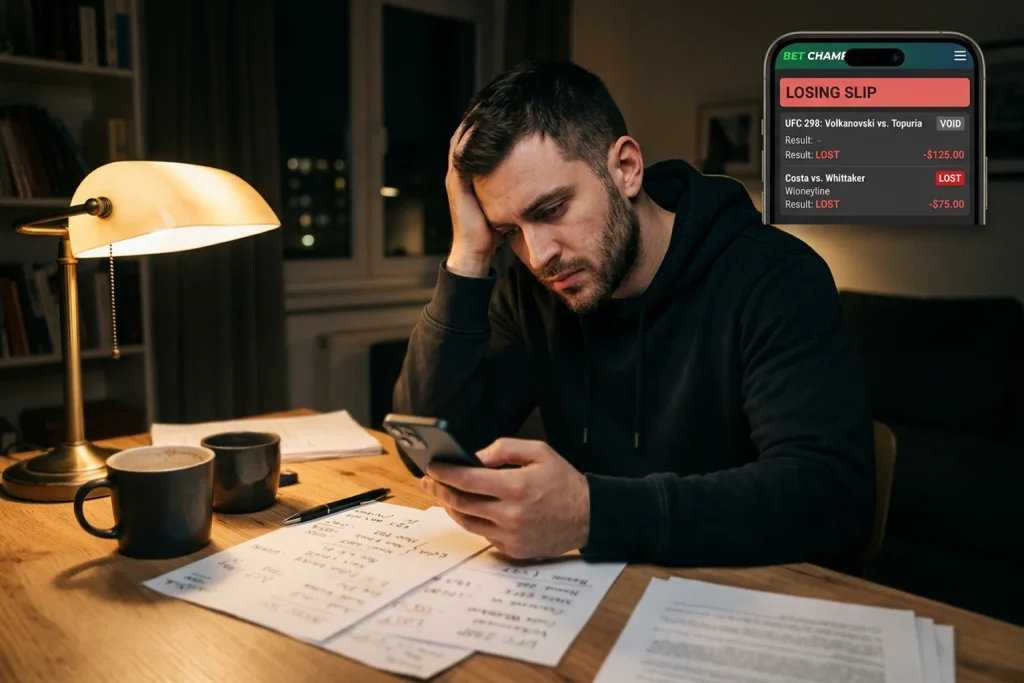Apostador principiante analizando errores comunes en apuestas de peleas UFC