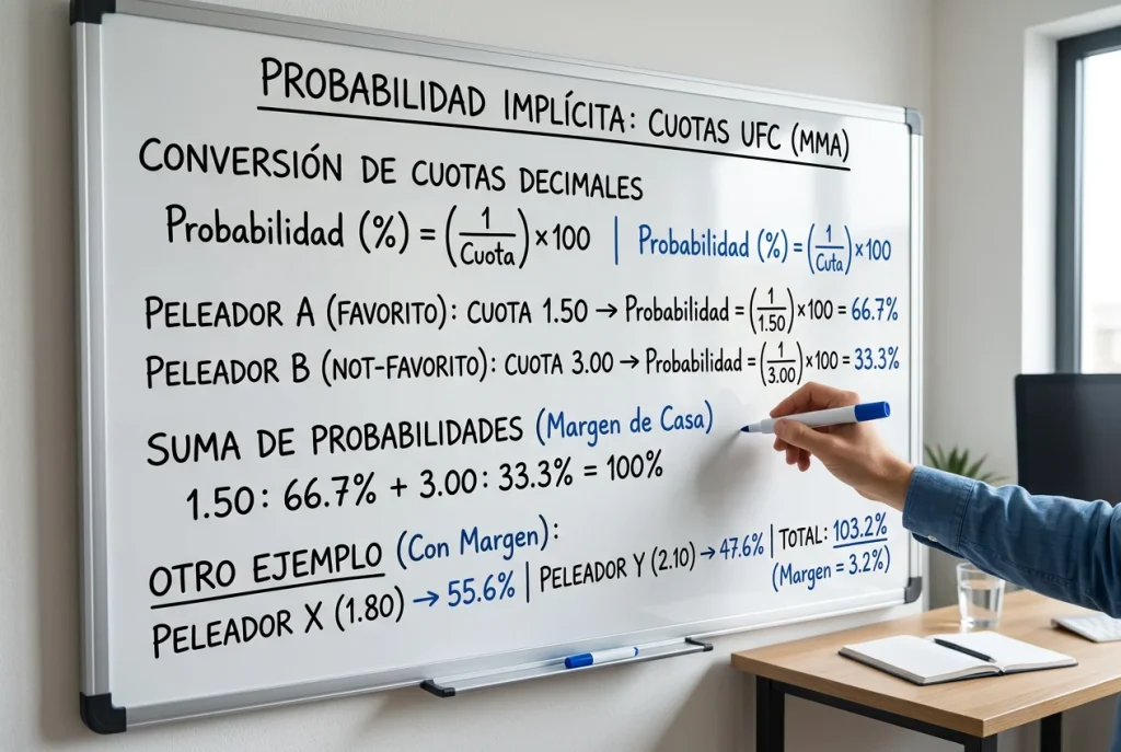 Pizarra con fórmulas de probabilidad y cuotas decimales de peleas de UFC escritas a mano