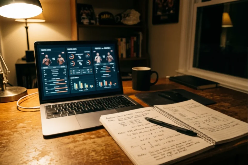 Portátil abierto con estadísticas de luchadores de UFC junto a un cuaderno de notas